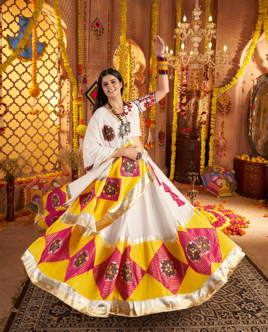 11043-white  - Garba Elegance in white Patchwork Splendor